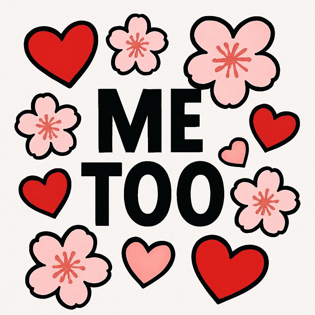 Blossom Sign by MeToo, a reduced digital composition with monumental black ME TOO typography surrounded by red hearts and pale pink blossoms on an off-white ground.