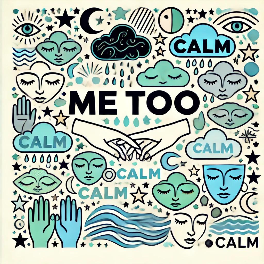 CALM II by MeToo, a dense aqua, black and white composition of closed eyes, faces, rain clouds, hands, waves, moons and repeated CALM text.