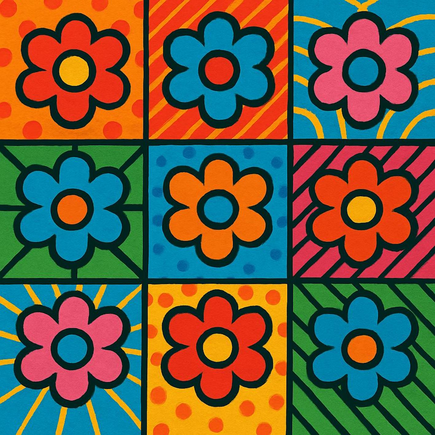 Flowers Grid I by MeToo, a three-by-three grid of stylised flowers in varied Pop colours and patterned backgrounds.