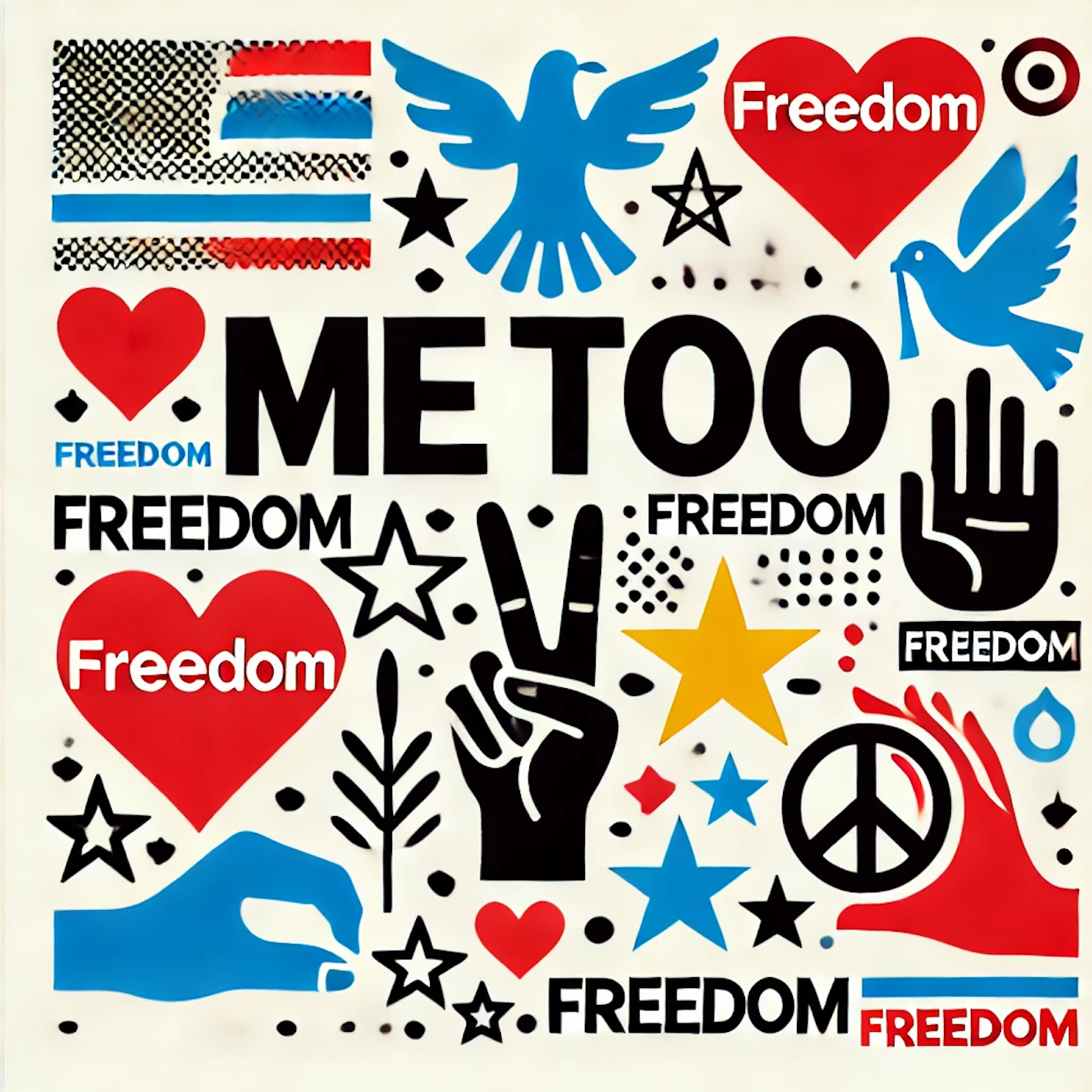 FREEDOM by MeToo, a dense digital collage of blue birds, red hearts, open hands, a victory gesture, stars, a peace sign and repeated FREEDOM text.