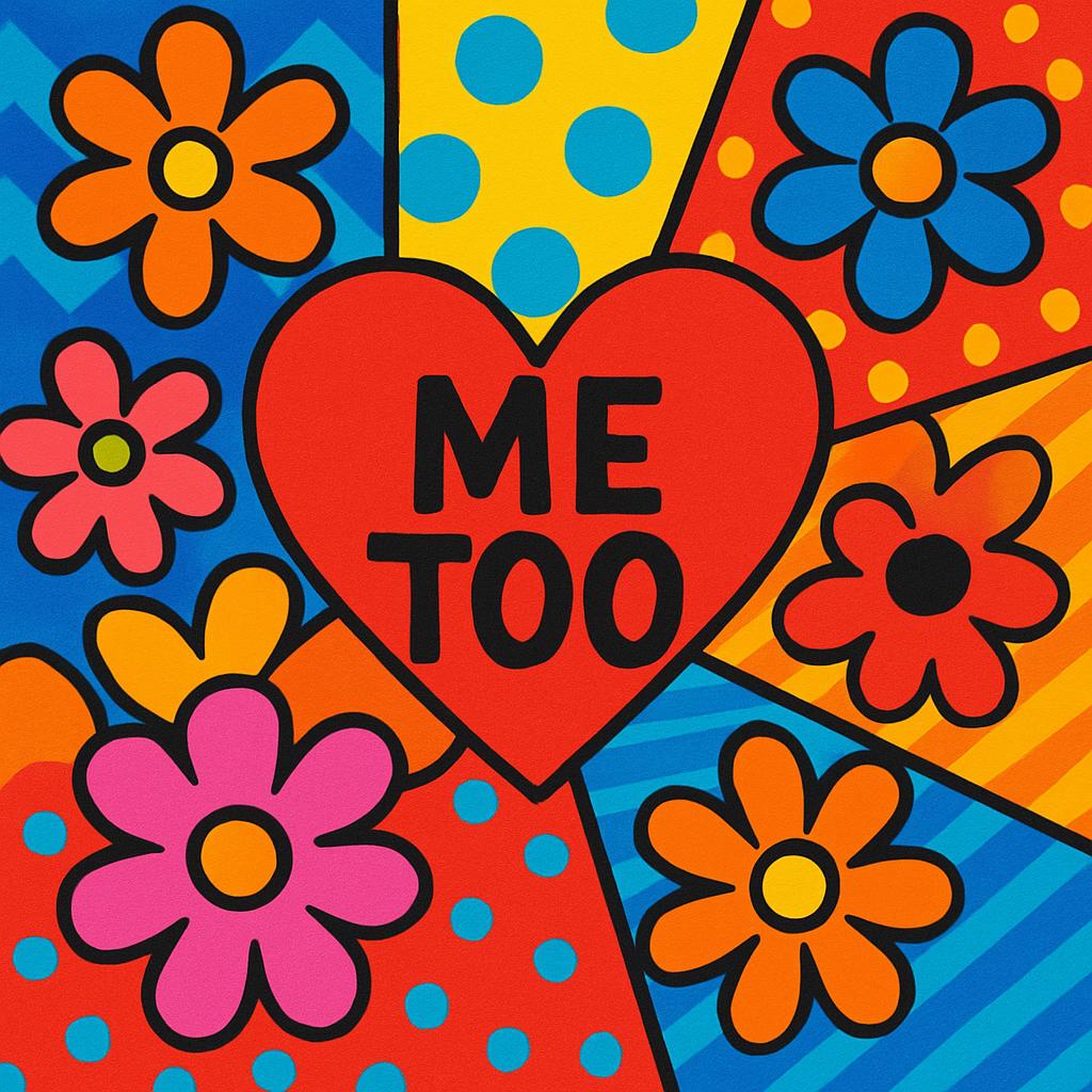 Heart Field by MeToo, a square saturated Pop composition with a large central red heart containing ME TOO, surrounded by stylised flowers and segmented patterned colour fields.