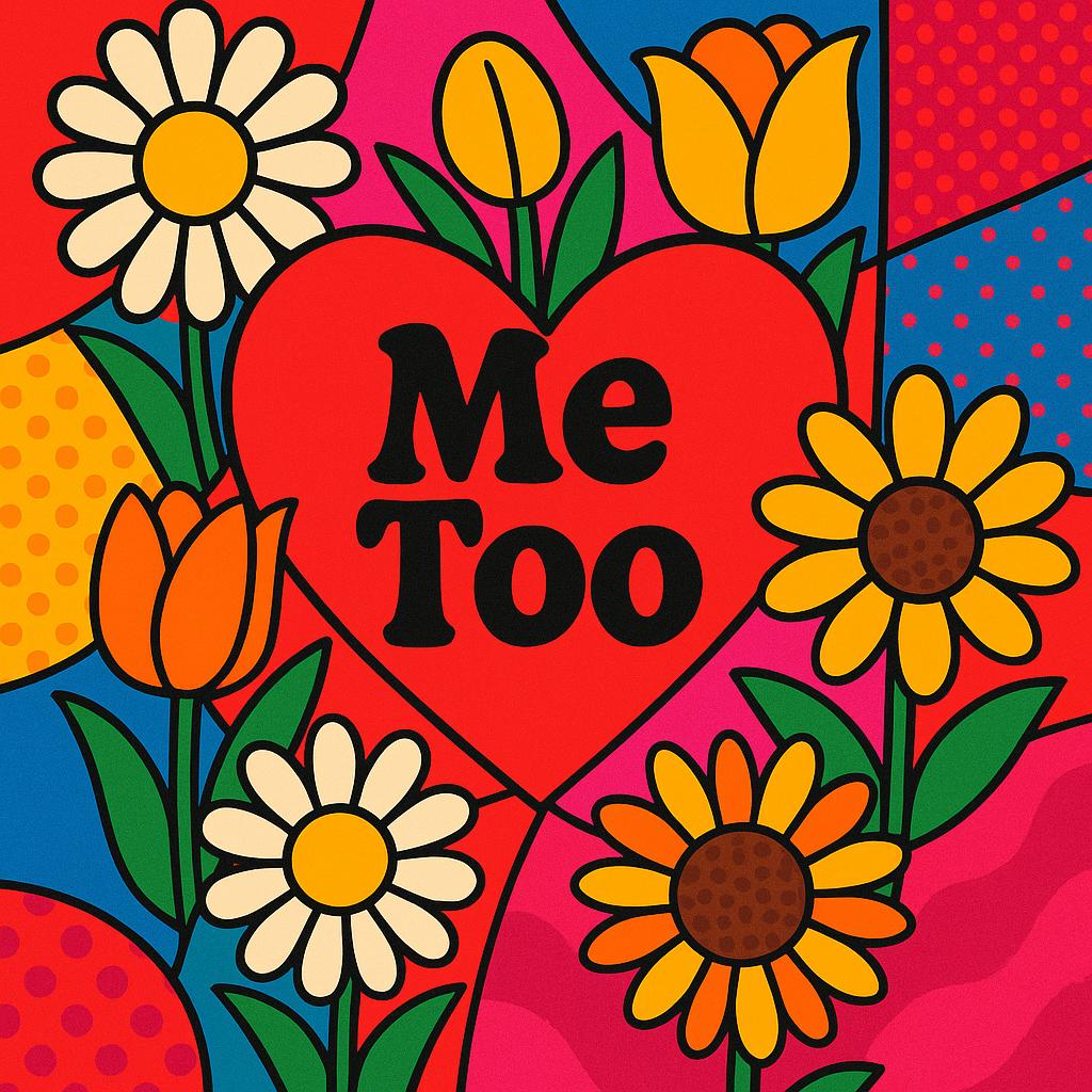 Heart Garden by MeToo, a square Pop composition with a large red Me Too heart surrounded by tulips, daisies and patterned colour fields.