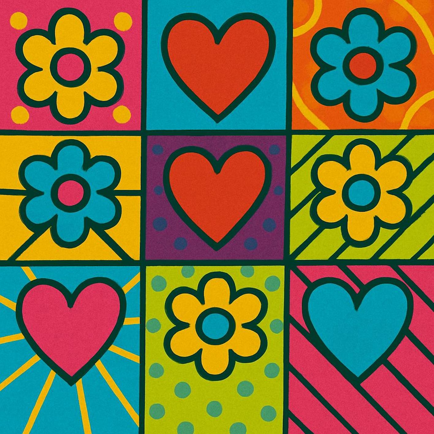 Hearts & Flowers I by MeToo, a three-by-three Pop grid alternating stylised flowers and hearts in saturated pink, blue, yellow, orange and green.