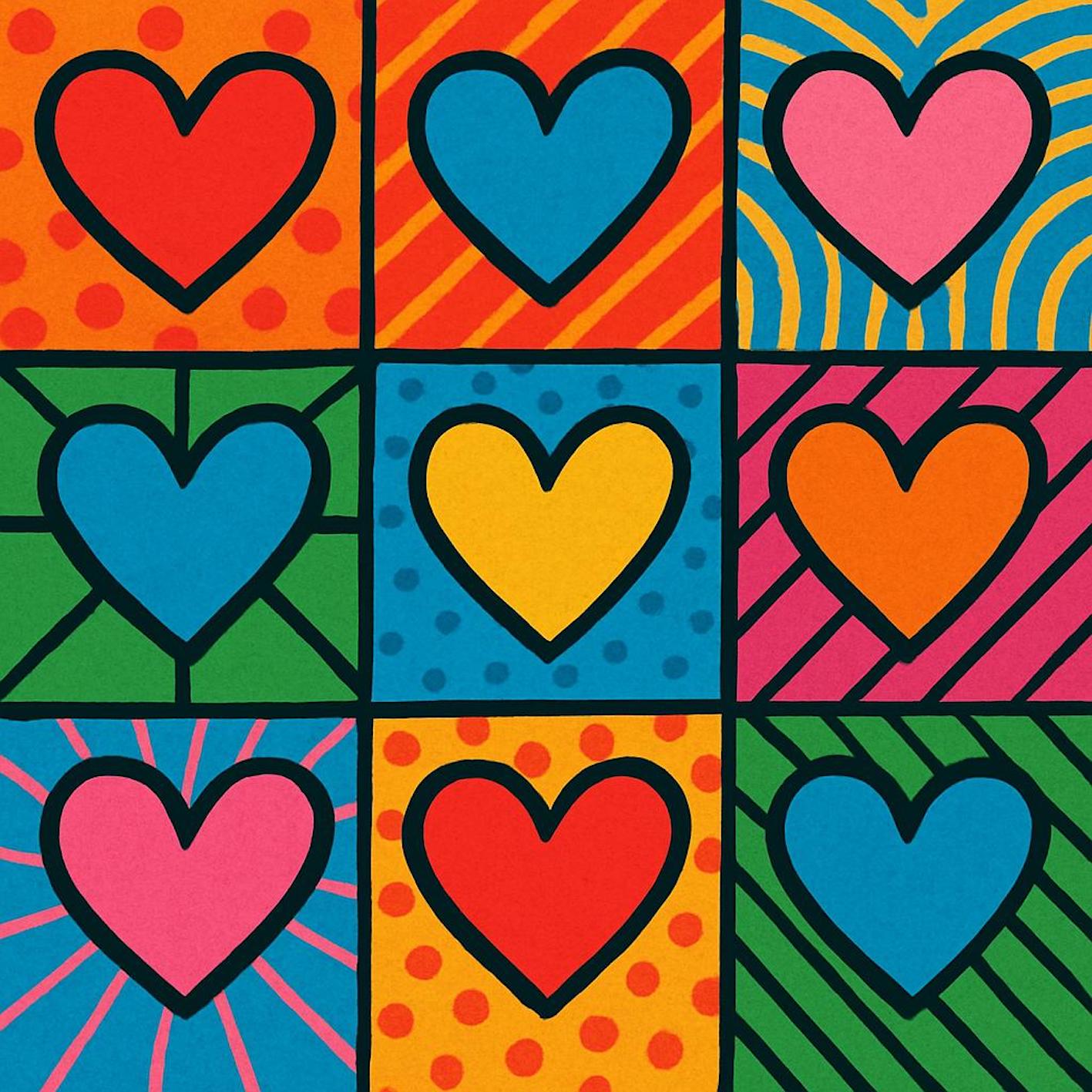 Hearts Grid I by MeToo, a three-by-three grid of large hearts in red, blue, pink, yellow and orange against varied Pop-patterned grounds.