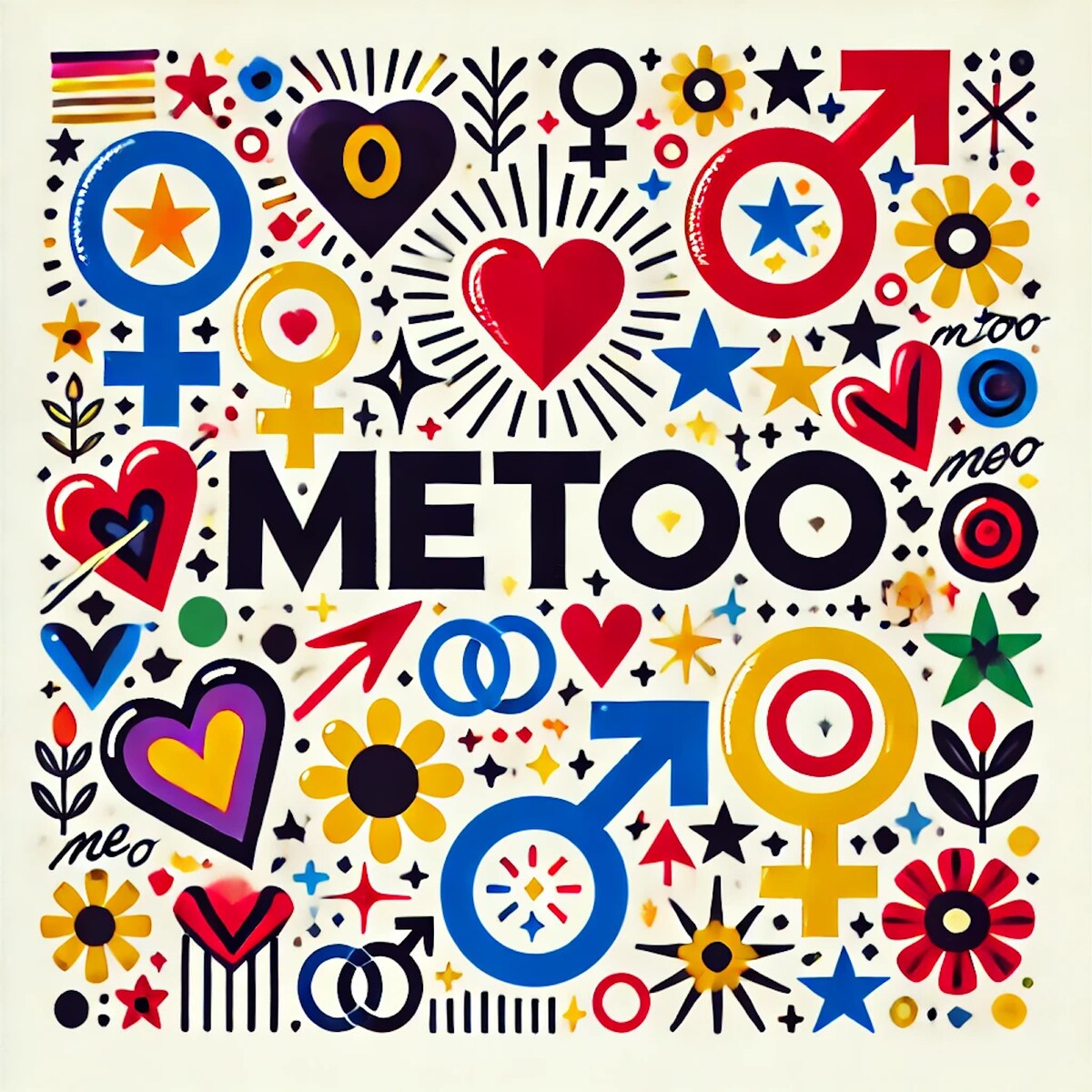 View another work MeToo by MeToo, a dense square digital composition of gender signs, hearts, stars, flowers and circular symbols around the word METOO.