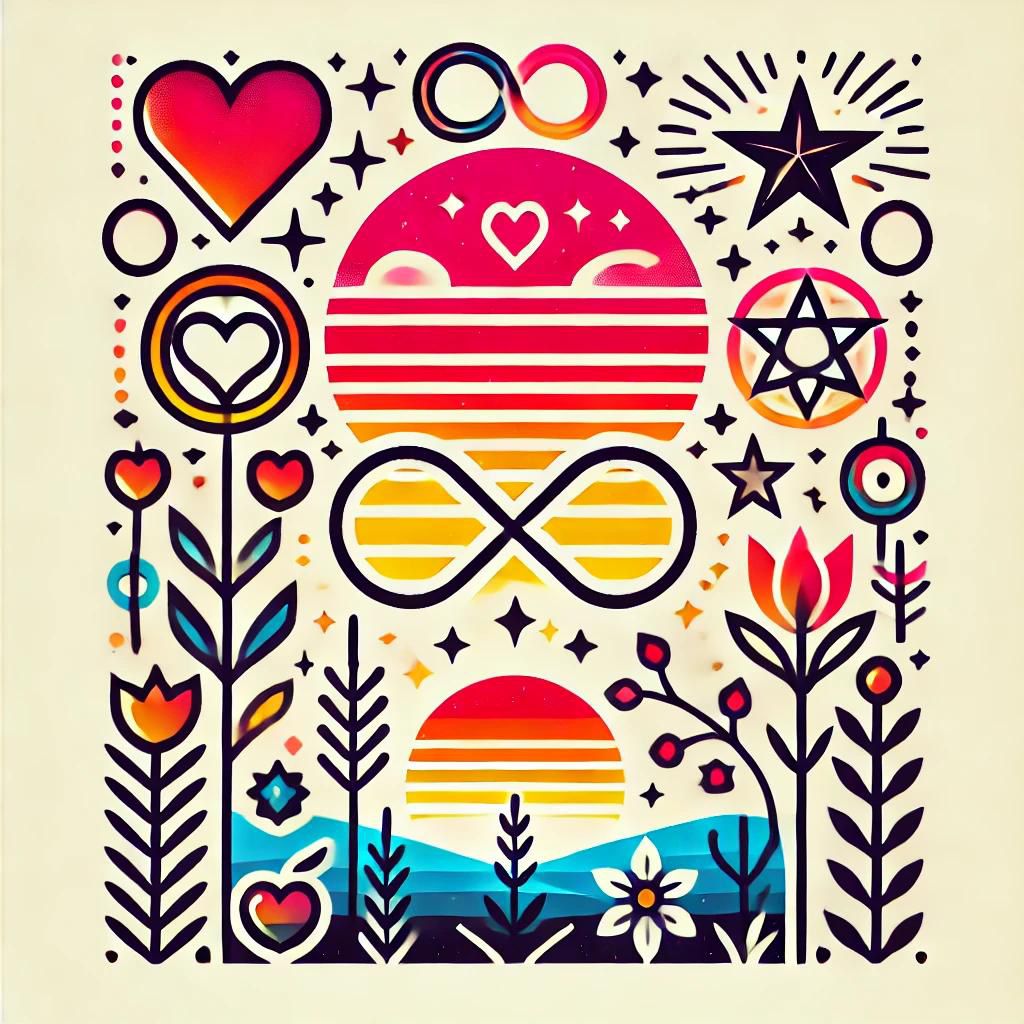 Infinite Horizon by MeToo, a wordless digital artwork with a large striped heart, infinity sign, stars, flowers and a sunset over layered blue hills.