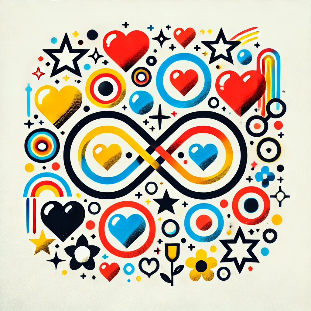Infinity / Reciprocity by MeToo, a digital composition centred on a large infinity loop surrounded by hearts, stars, circular targets, rainbows and flowers.