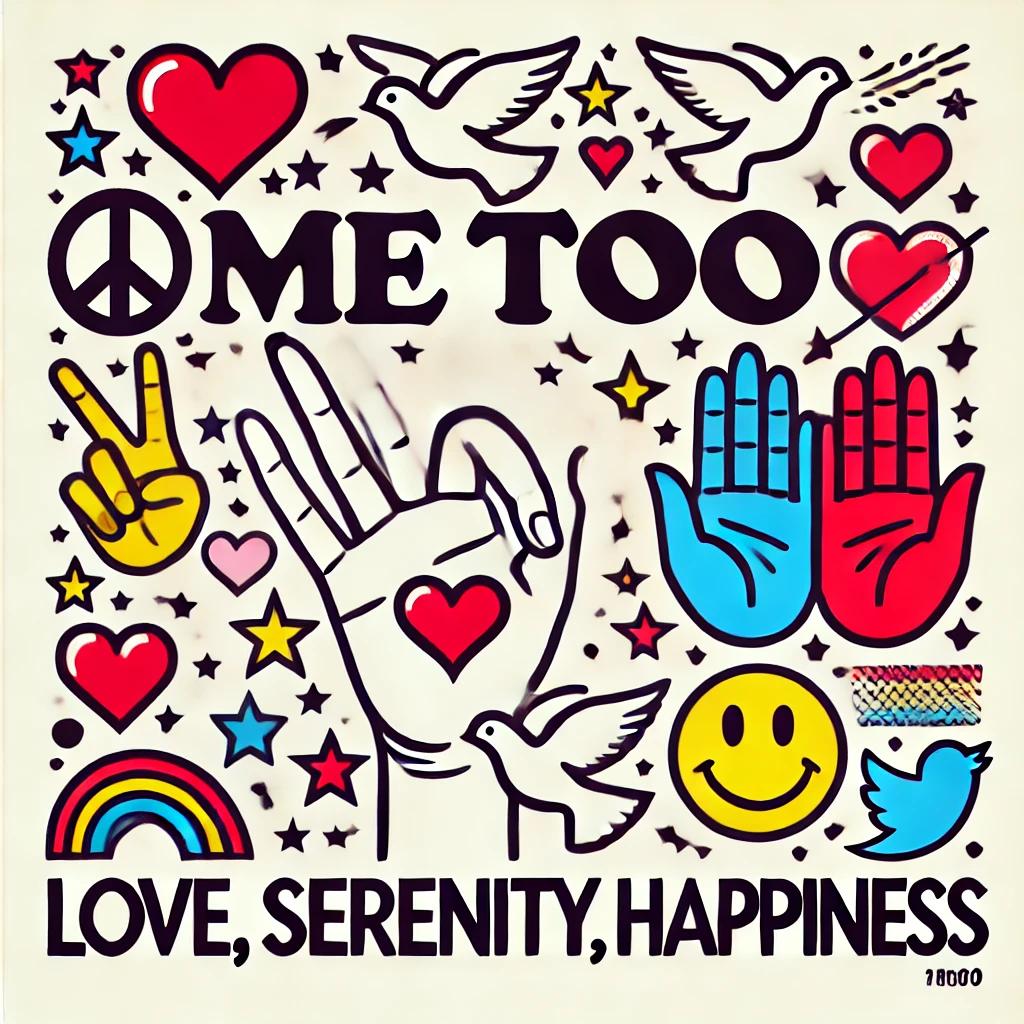 Love, Serenity, Happiness by MeToo, a square digital composition of hands, white doves, hearts, rainbow, smiley face and peace sign around METOO.
