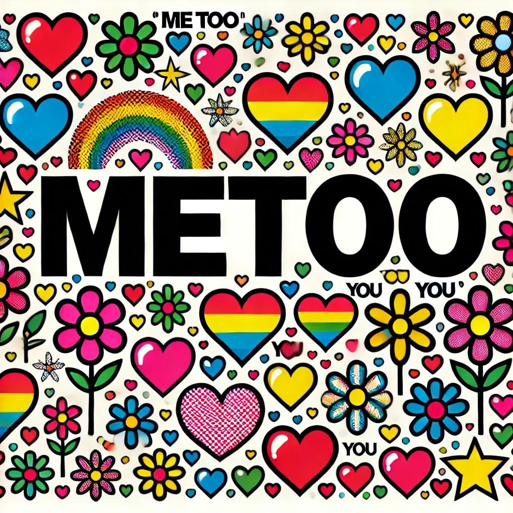 Me Too / You by MeToo, a dense square composition of hearts, flowers and rainbows around a huge central METOO and repeated YOU text.