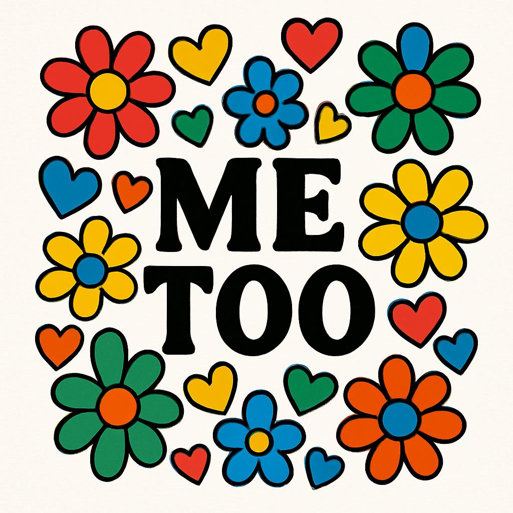 Shared Bloom by MeToo, a square digital composition with central black ME TOO typography surrounded by flat red, blue, yellow and green flowers and small hearts.
