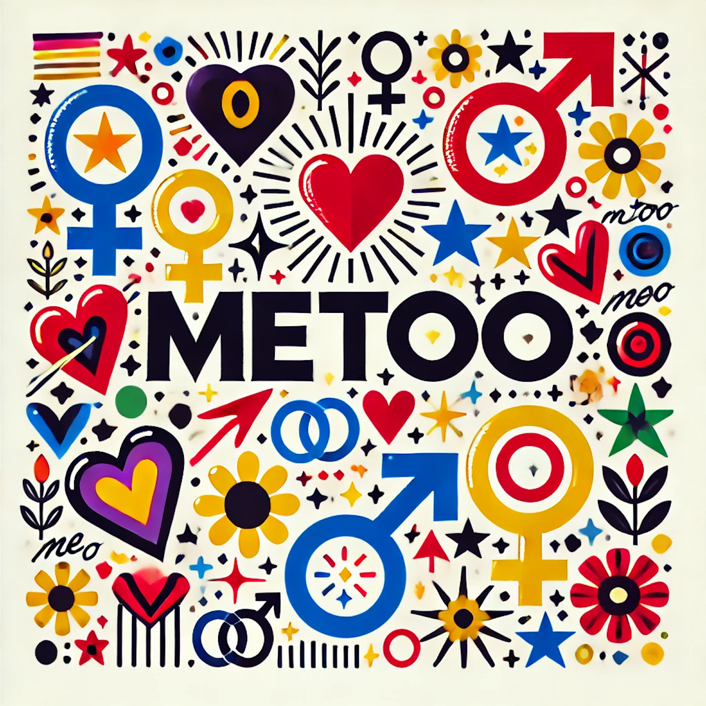 MeToo by MeToo, a dense square digital composition of gender signs, hearts, stars, flowers and circular symbols around the word METOO.