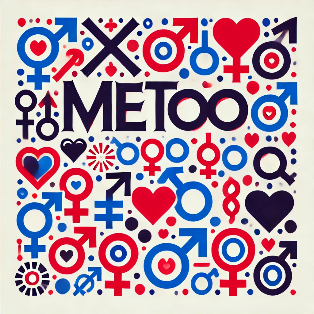 The Shared Sign I by MeToo, a dense red, blue and black composition of gender signs, hearts, circles and arrows around the word METOO.