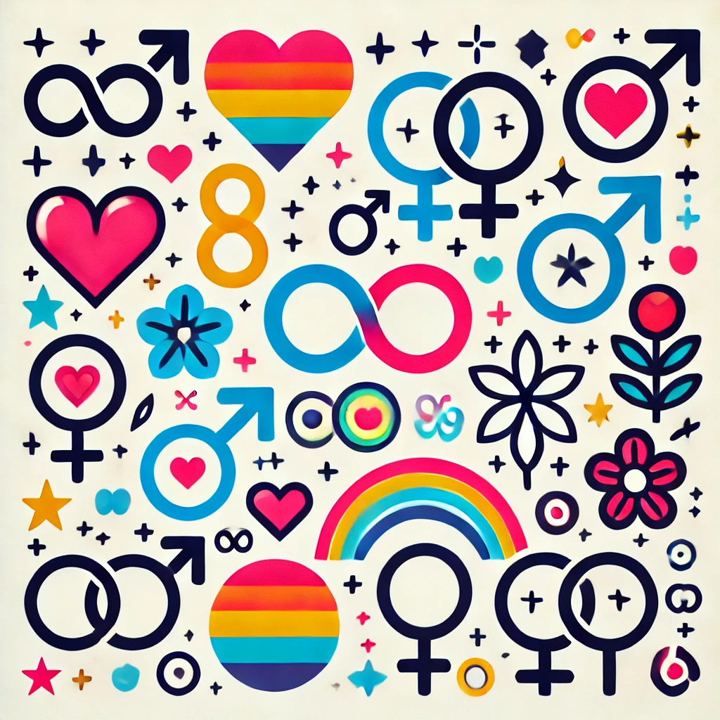 The Shared Sign II by MeToo, a field of gender signs, infinity symbols, rainbow hearts, flowers, stars and interlocking circles on an off-white ground.